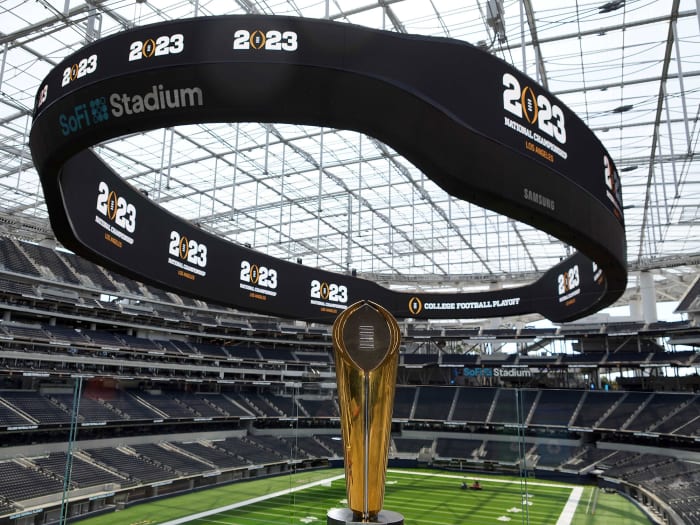 View of the CFP trophy at SoFi Stadium